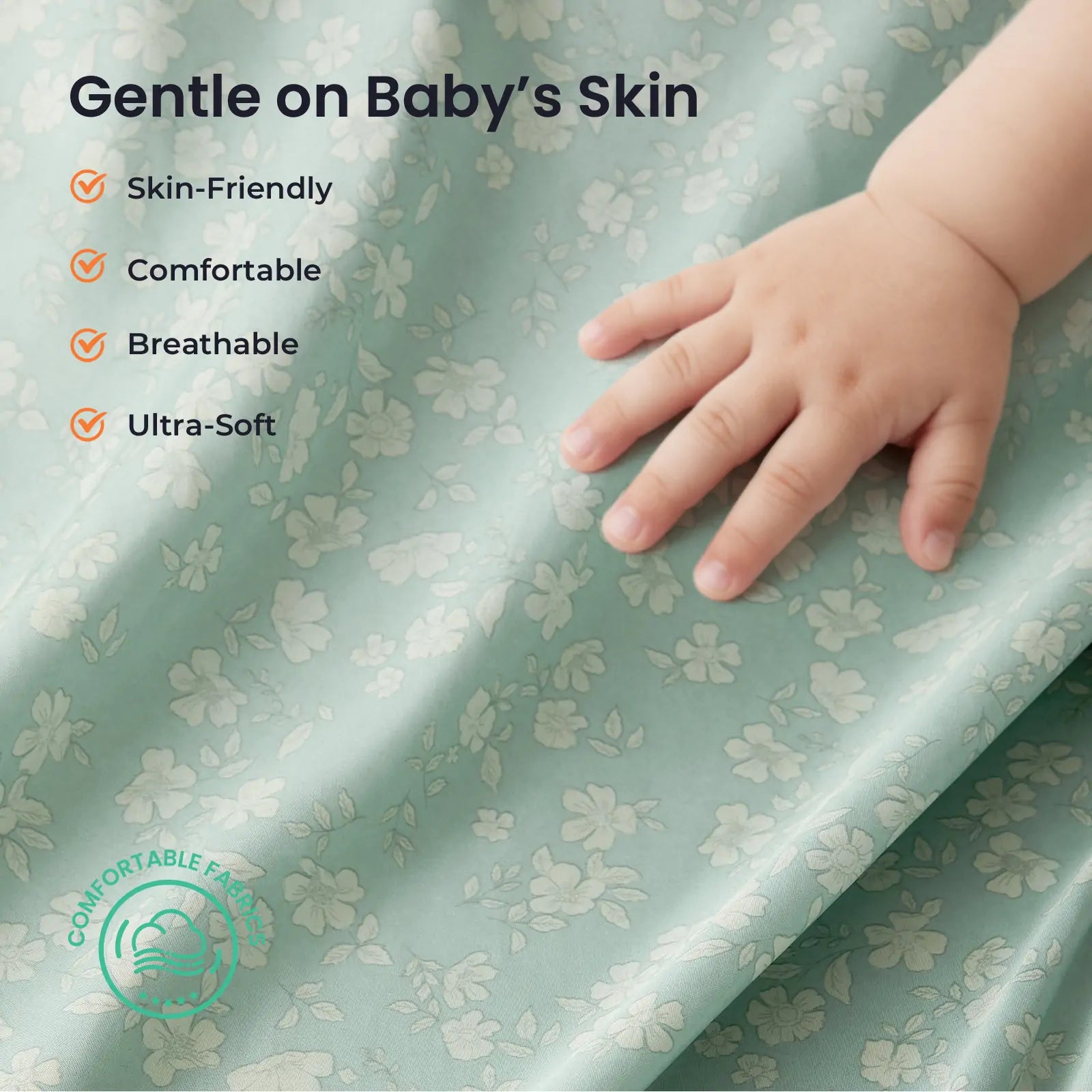 A baby's hand touches the ultra-soft, light green Tiny Land® Compact Adventure 3-in-1 Play Tunnel fabric—skin-friendly, breathable, and comfortable—perfect for cozy play in your Tiny Land tent.