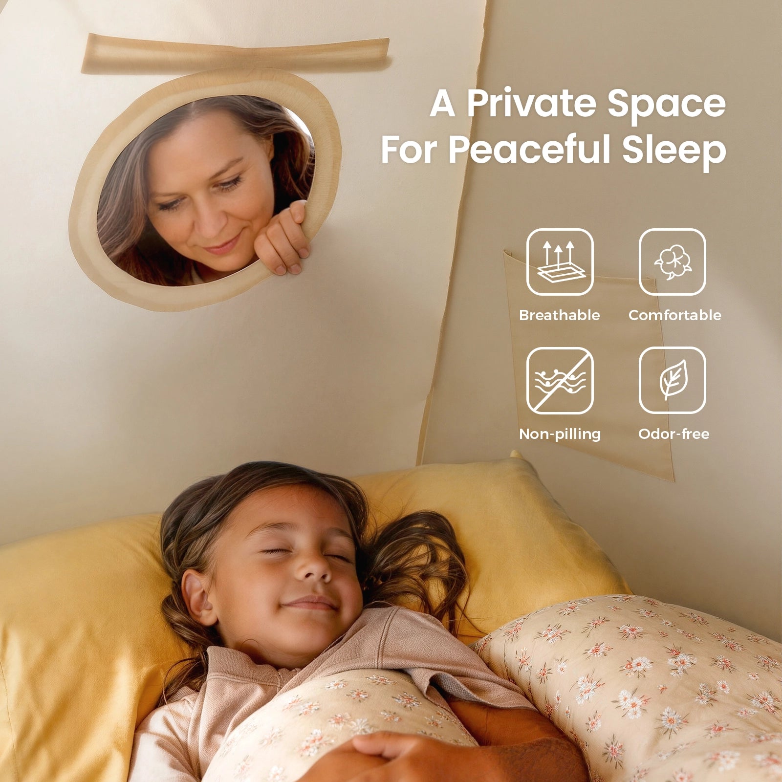 A woman smiles through a Tiny Land® Kids Bed Tent at a child sleeping on a bed with yellow pillows. Text reads "A Private Space For Peaceful Sleep" with icons for breathable, comfortable, non-pilling, and odor-free by Tiny Land.|Beige