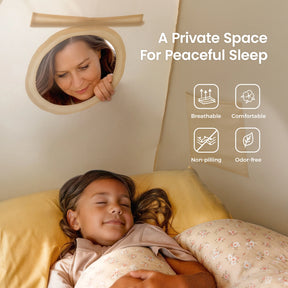 A woman smiles through a Tiny Land® Kids Bed Tent at a child sleeping on a bed with yellow pillows. Text reads "A Private Space For Peaceful Sleep" with icons for breathable, comfortable, non-pilling, and odor-free by Tiny Land.|Beige