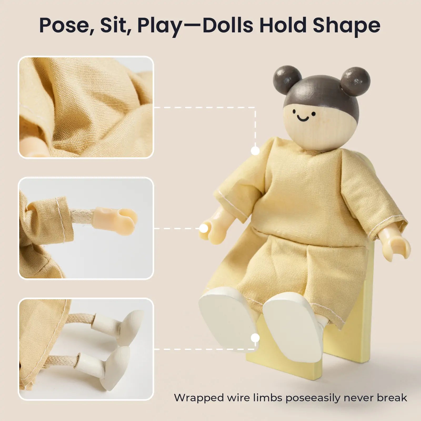 The Tiny Land® Wooden Dollhouse Doll by Tiny Land INC in 1:12 scale sits on a chair, wearing beige clothes with dark hair buns. Its bendable wire arms and legs hold poses, highlighted in detailed close-up images.