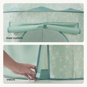 Two images of the Tiny Land® Compact Adventure 3-in-1 Play Tunnel in green: one shows a rolled-up door curtain, the other a hand attaching Velcro at the entrance. Ideal as a play tunnel or paired with a ball pit. Labels read “Door curtain” and “Velcro.”.