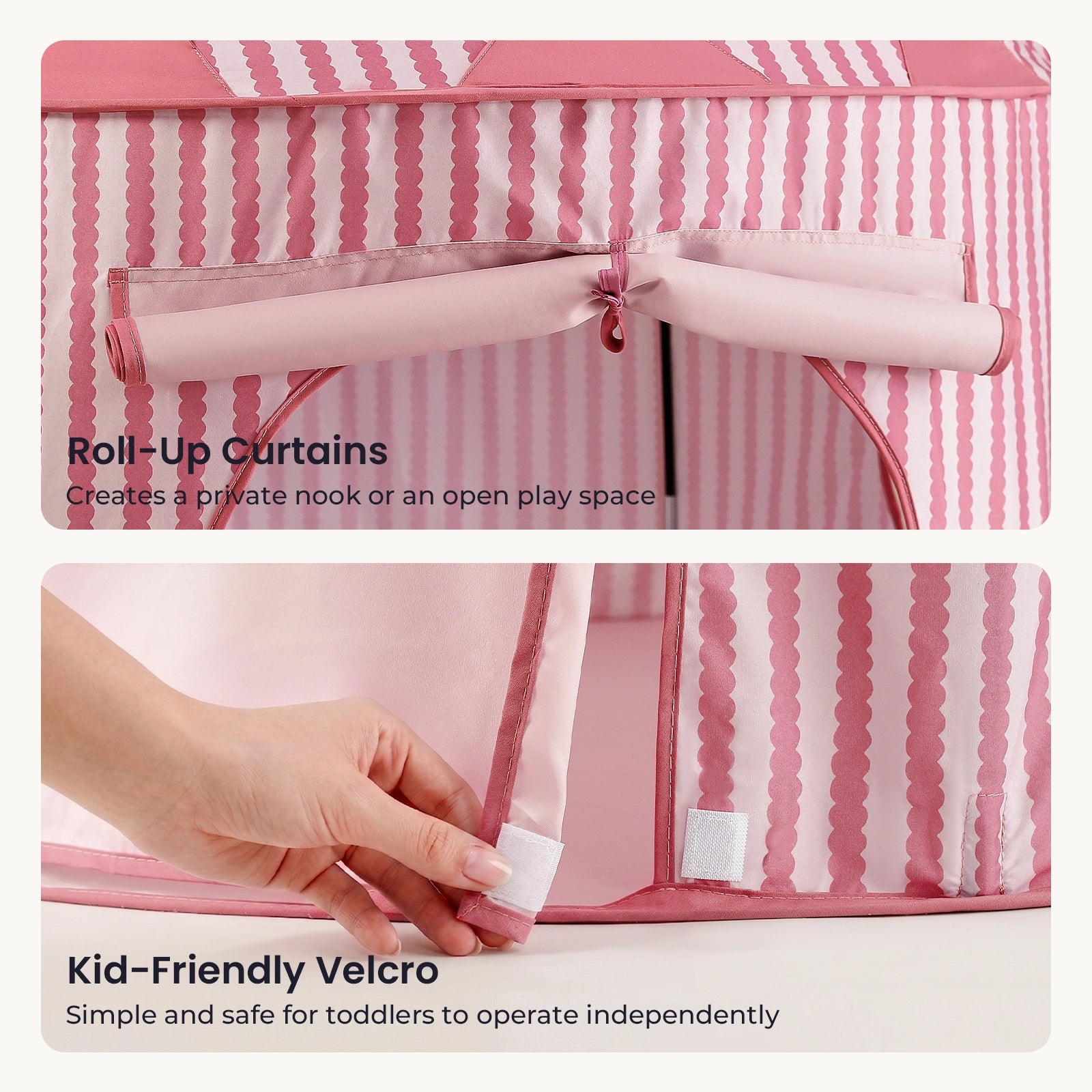 Here’s a rewritten version using your product data: Two close-up shots of the Tiny Land® Kids Tent – Indoor Tent for Toddlers: one displays roll-up curtains from Tiny Land secured with a tidy loop, while the other shows a hand fastening child-friendly Velcro on the tent’s door. Highlighted text points out these thoughtful touches—roll-up curtains and easy-to-use Velcro—making this playhouse an ideal choice for any kids’ tent or playhouse for kids.|PInk