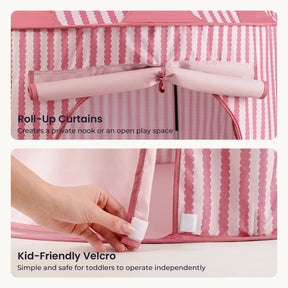 Here’s a rewritten version using your product data: Two close-up shots of the Tiny Land® Kids Tent – Indoor Tent for Toddlers: one displays roll-up curtains from Tiny Land secured with a tidy loop, while the other shows a hand fastening child-friendly Velcro on the tent’s door. Highlighted text points out these thoughtful touches—roll-up curtains and easy-to-use Velcro—making this playhouse an ideal choice for any kids’ tent or playhouse for kids.|PInk