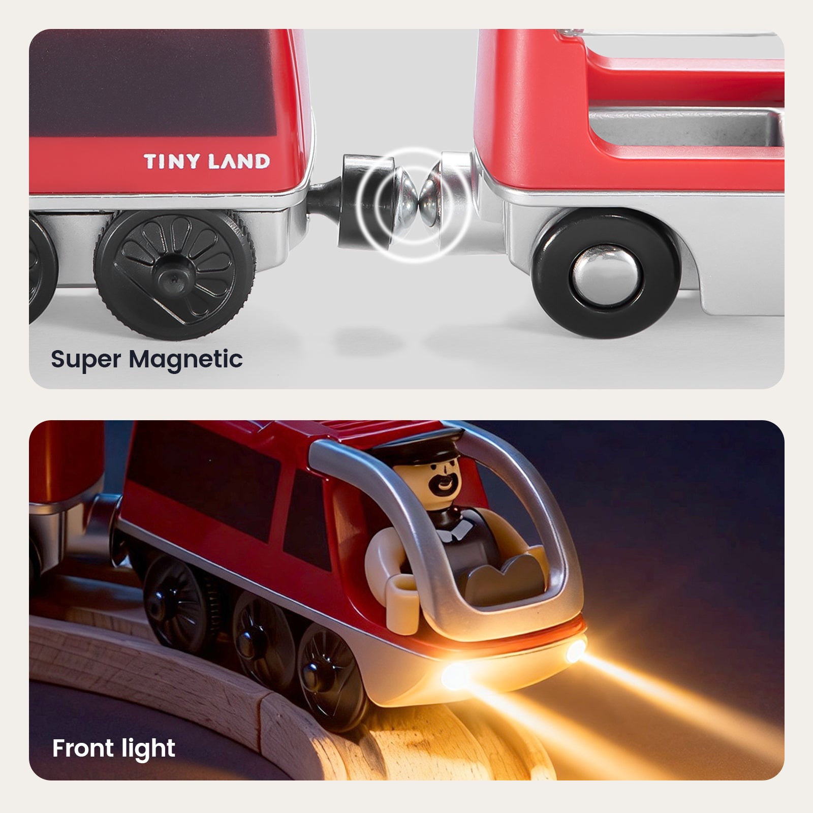 Top: Close-up of two Tiny Land® Dual-Color Electric Toy Train cars with magnetic connectors. Bottom: The electric train, featuring LED headlights and a smiling figure inside, runs on wooden tracks for interactive play. Brand: Tiny Land.|Red