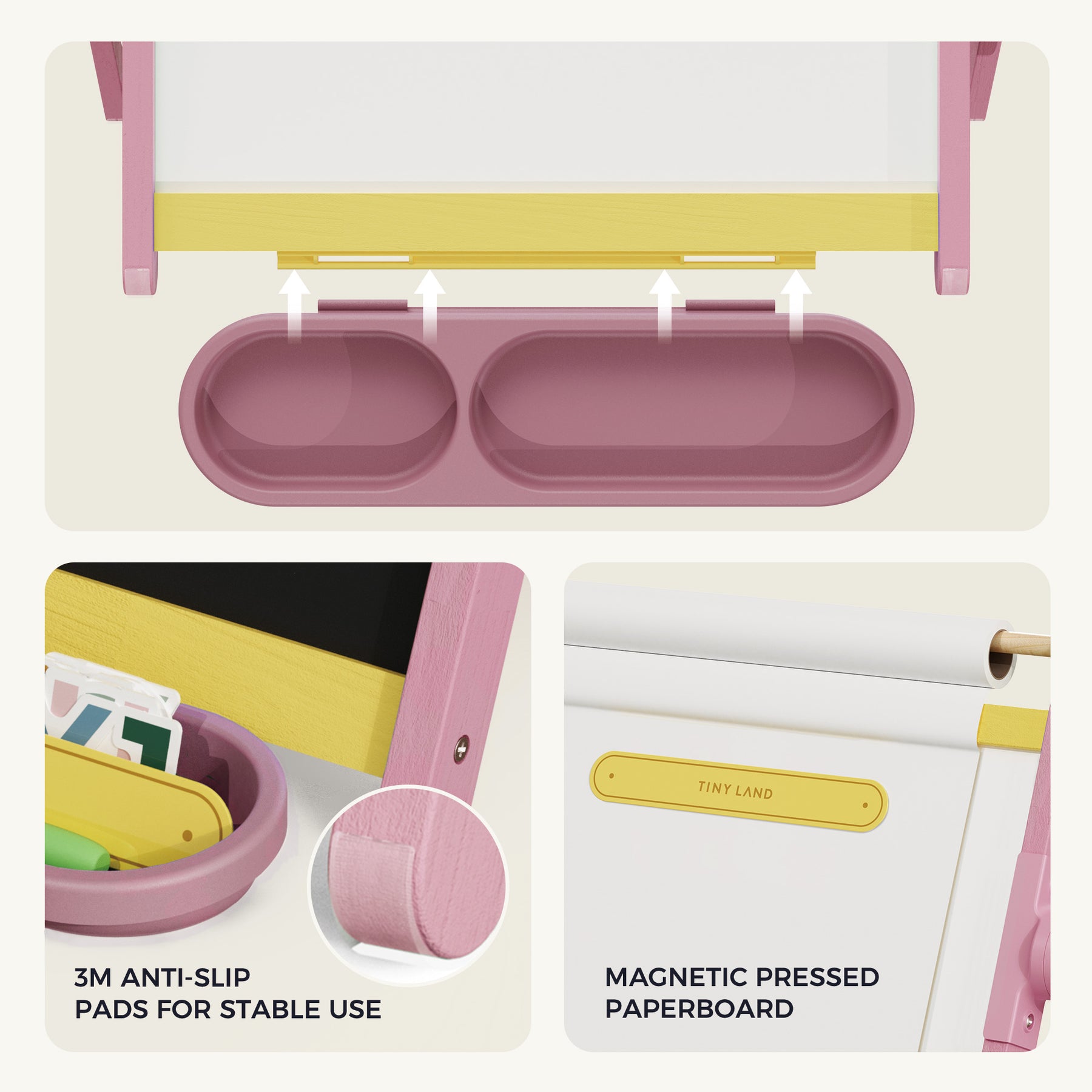 The Tiny Land® Double-Sided Magnetic Tabletop Easel - Pink features pink and yellow double-sided boards, two pink trays, 3M anti-slip pads for stability, a magnetic pressed paperboard, and “Tiny Land” label insets highlighting its quality.