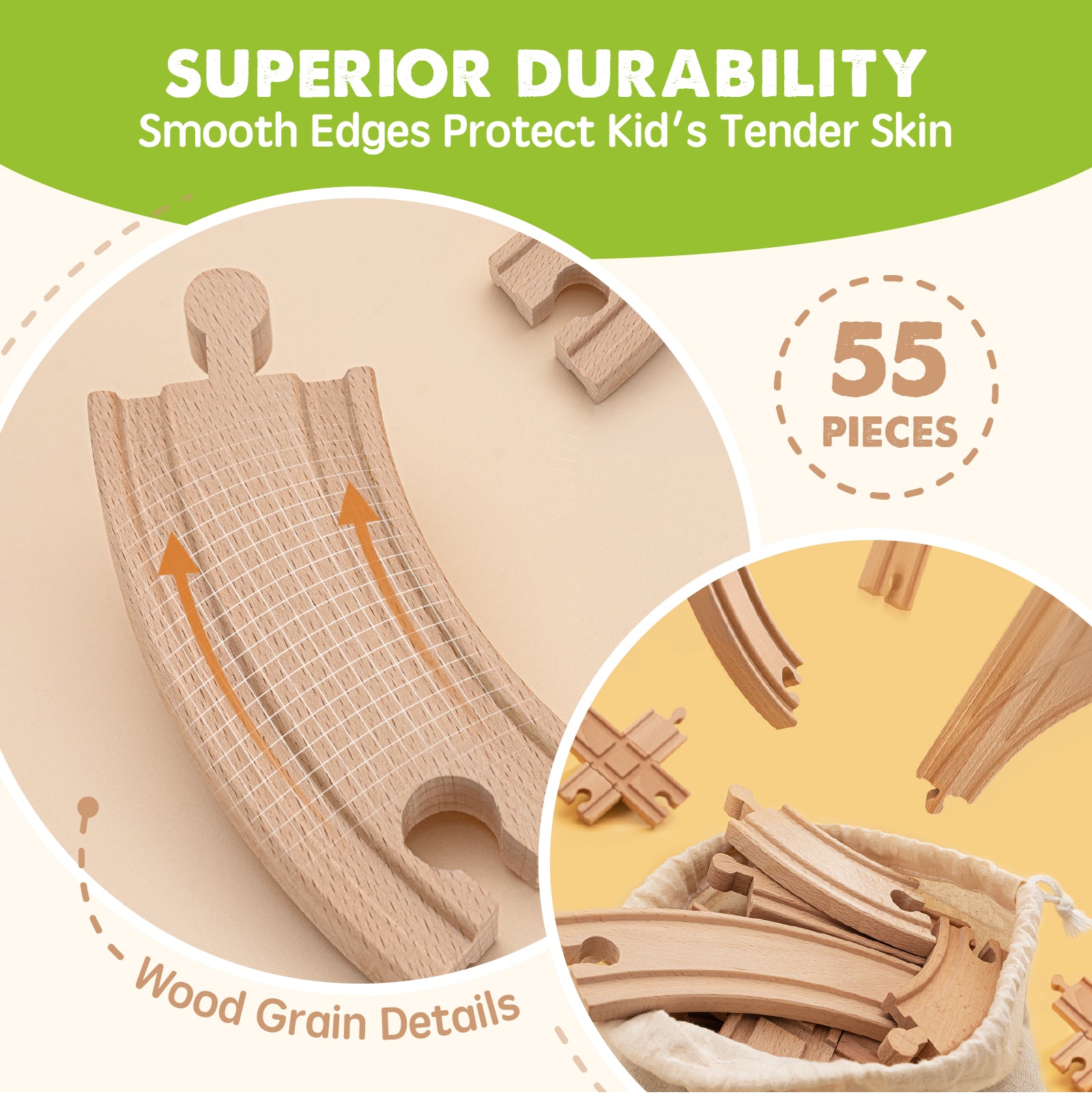 Tiny Land® Wooden Track Trains 55 Pcs by Tiny Land features smooth-edged wooden pieces with visible grain, a cloth storage bag, and offers superior durability. Enjoy interactive play and imaginative fun with this complete 55-piece set.