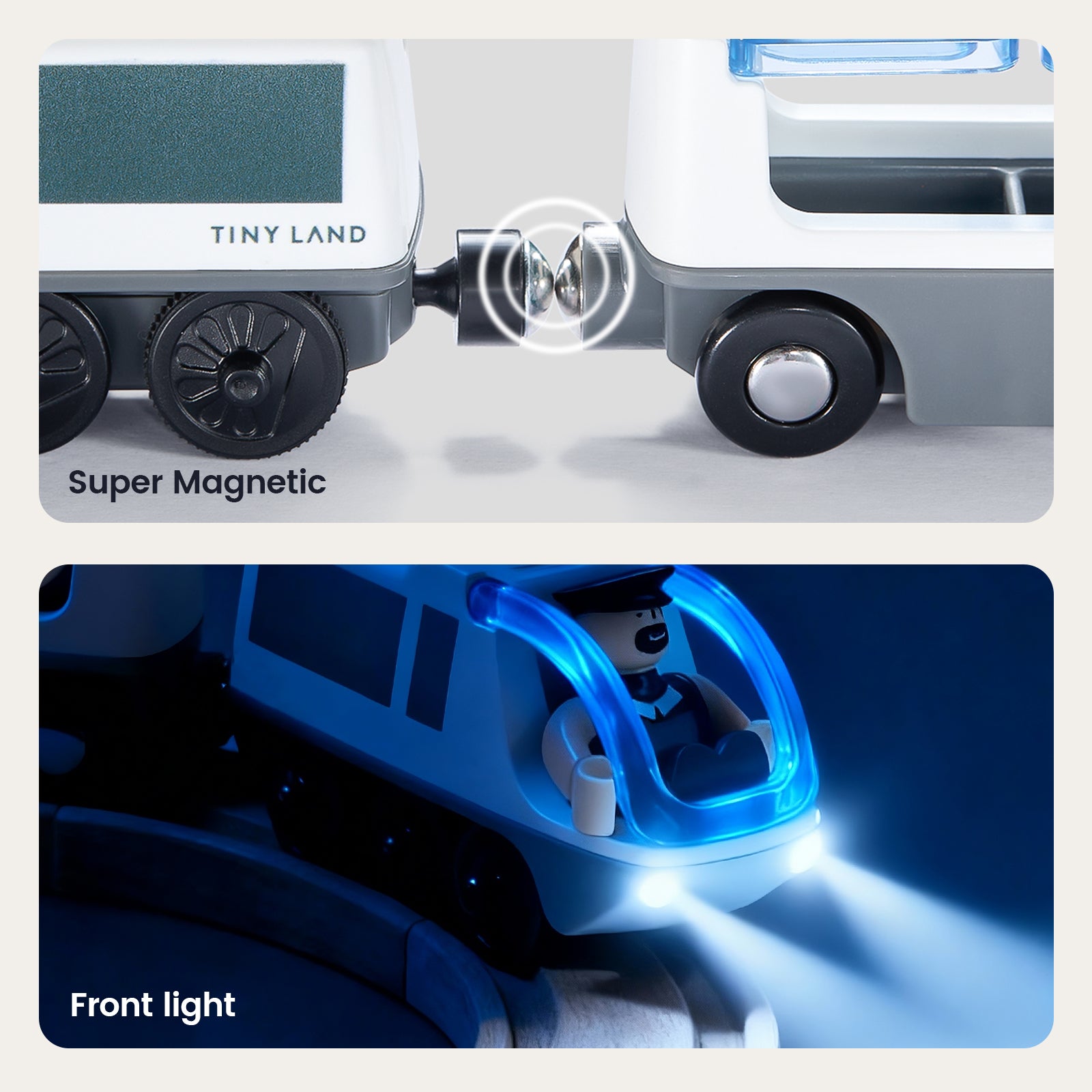 Two images: The top shows two Tiny Land® Dual-Color Electric Toy Train cars connecting via magnetic couplers. The bottom features the train with a driver figure and bright LED headlights, traveling on a dark track for interactive play.|White