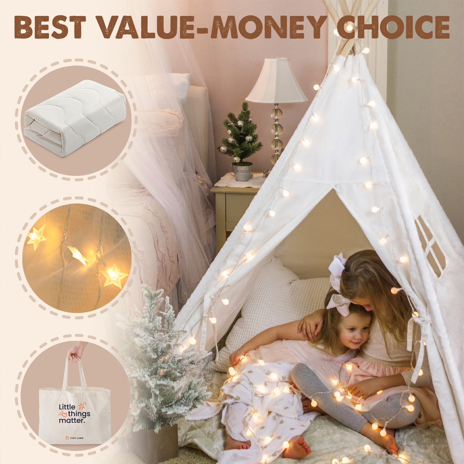 Two young girls sit inside the Tiny Land® Teepee Tent for Kids with Mat, decorated with star-shaped string lights. Insets show a folded mat, string lights, and a tote bag. Text: Tiny Land – Best Value-Money Choice.