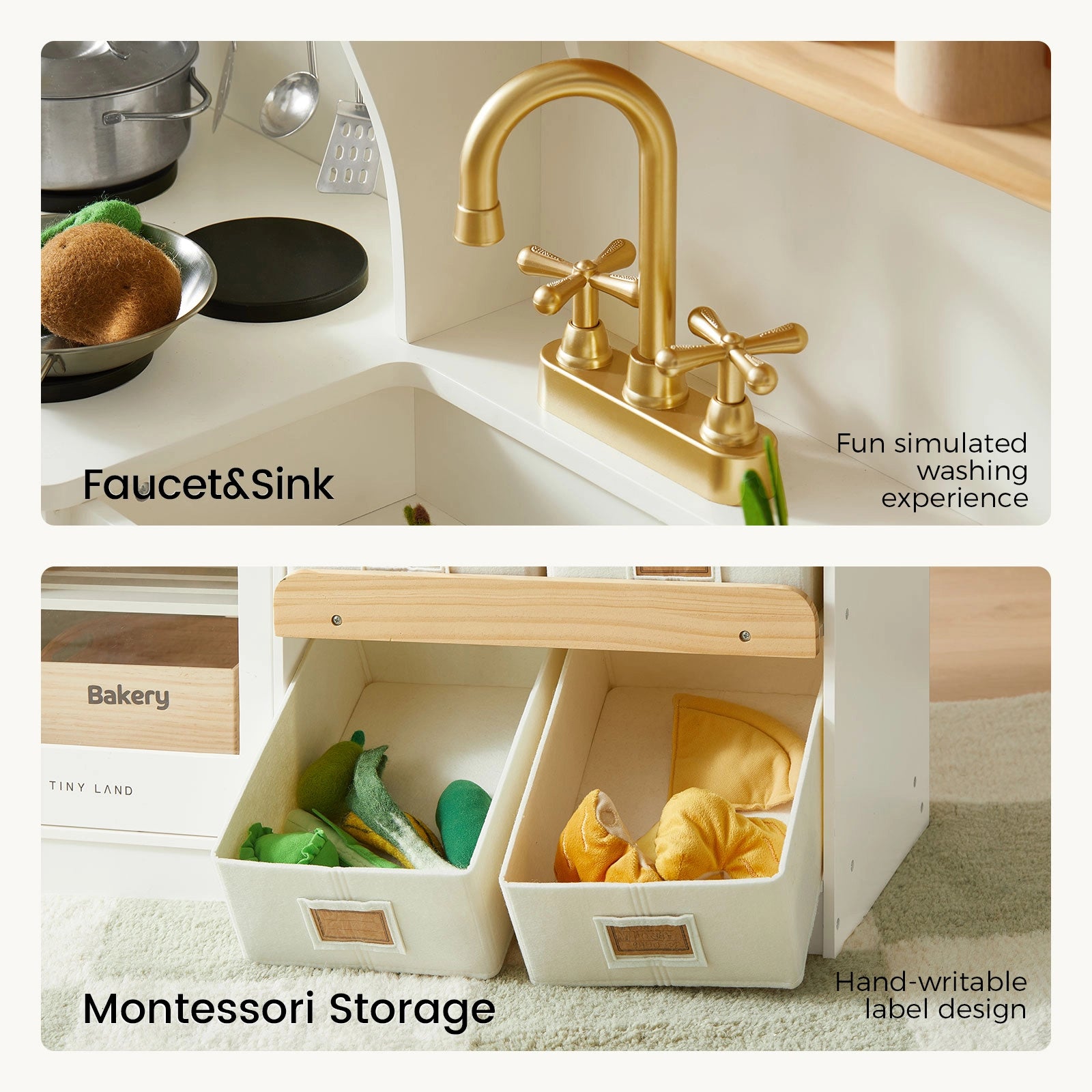 Split image: Top features the Tiny Land® Wooden Play Kitchen with a toy gold faucet, sink, veggies, pot, and pretend cookware. Bottom showcases two Montessori-style storage bins from Tiny Land with fabric veggies—ideal for organizing your play kitchen. Text highlights imaginative play and writable labels for personalized organization.|cream