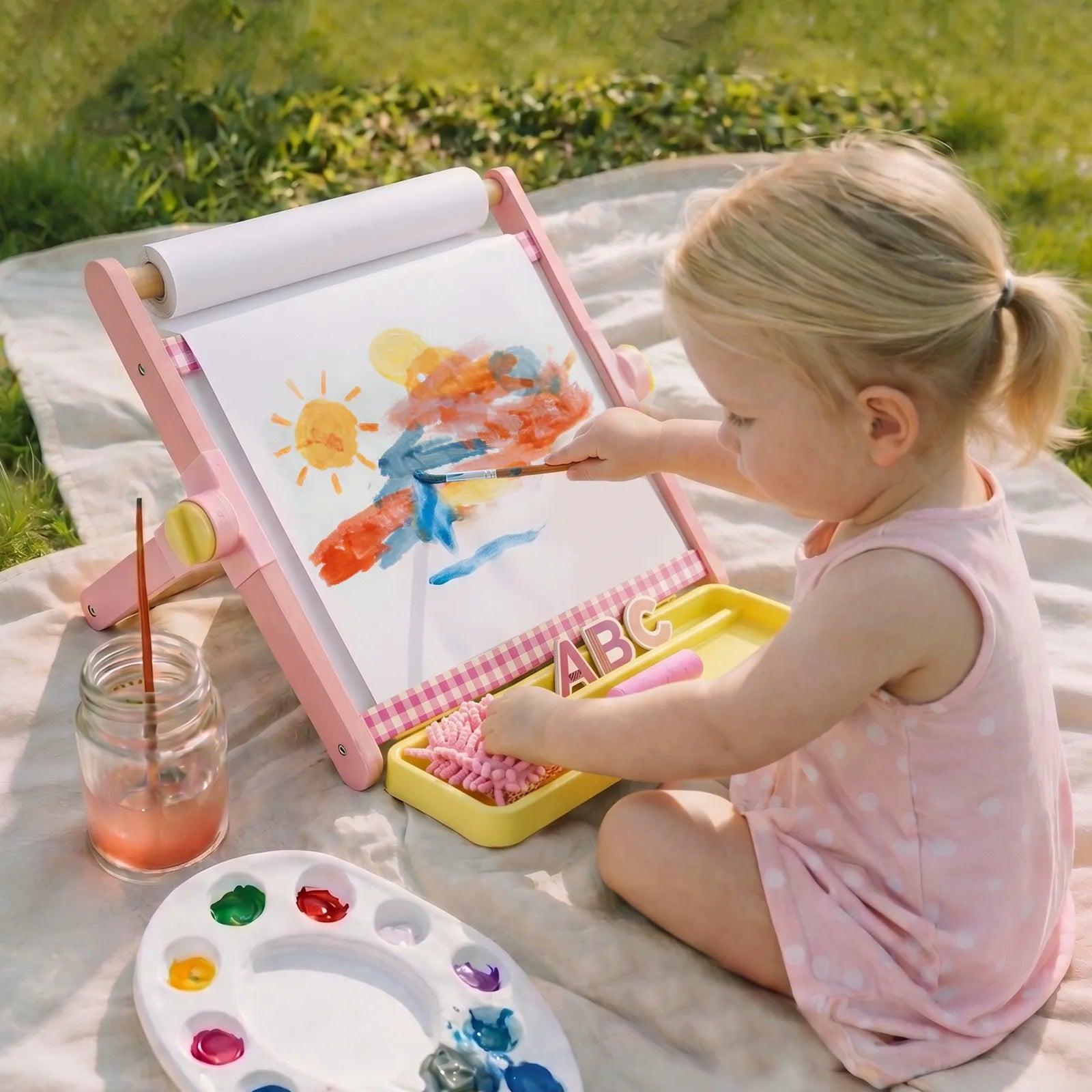 A young child in a pink polka dot dress sits on a blanket outdoors, painting a colorful picture with a brush on the Tiny Land® Double-Sided Magnetic Tabletop Easel by Tiny Land. Art supplies, including paint jars and a palette, are nearby, creating the perfect little art station for creative fun.|Pink