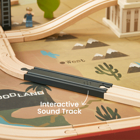 The Tiny Land® 1920 Railway Adventure Train Table by Tiny Land INC includes a wooden 1920s train set on a desert-themed mat with an interactive black sound track, plus toy trees, figures, and buildings for a city playset experience.