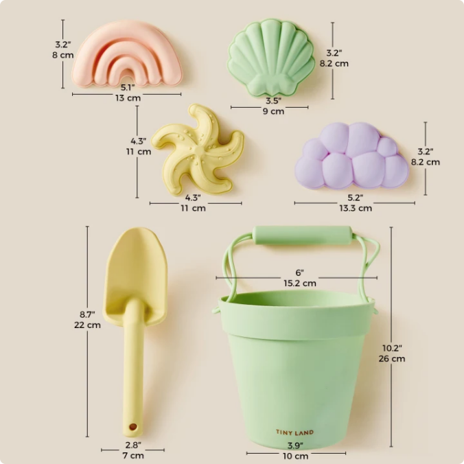 The Tiny Land® Sand-Buddies Sand Toy Set by Tiny Land includes pastel sensory toys—a rainbow, shell, starfish, cloud molds, small shovel, and green bucket with handle. Each silicone beach toy's dimensions are labeled beside them.