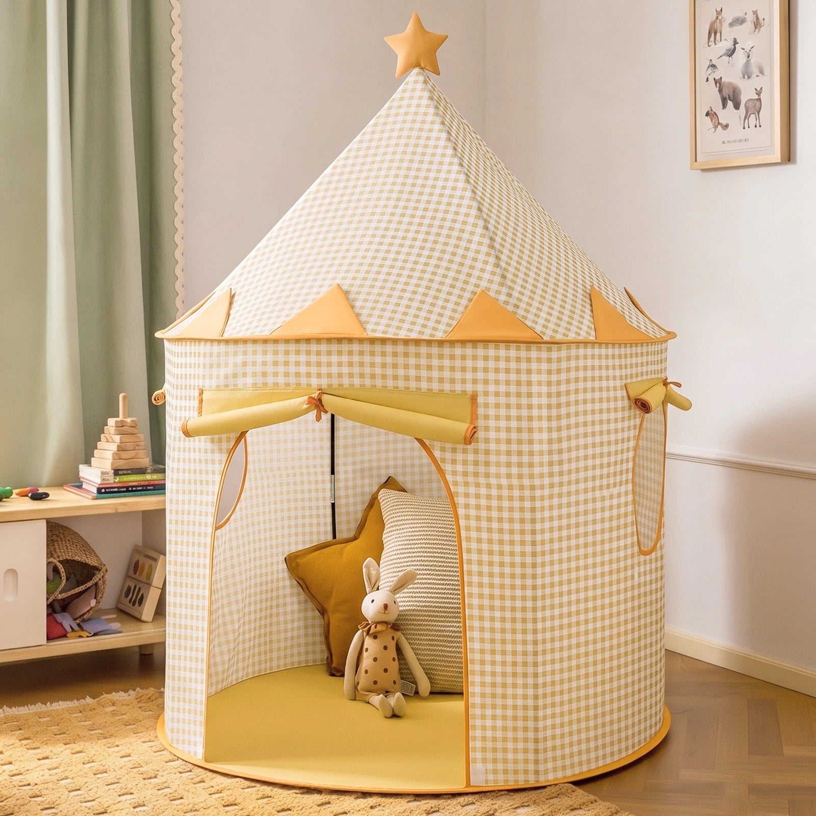 Tiny Land® Kids Tent in yellow and white checkered print with a star topper and an open entrance revealing a cozy reading nook with plush toys and cushions inside.|Yellow