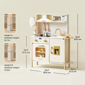 The Tiny Land® PopJoy Kitchen & Fridge Set by Tiny Land features a white and wood play kitchen with toy stove, oven, sink, shelves, adjustable desktop heights (24.1/24.9"), and an overall size of 38.5"H x 30.3"W x 12.4"D for imaginative fun.