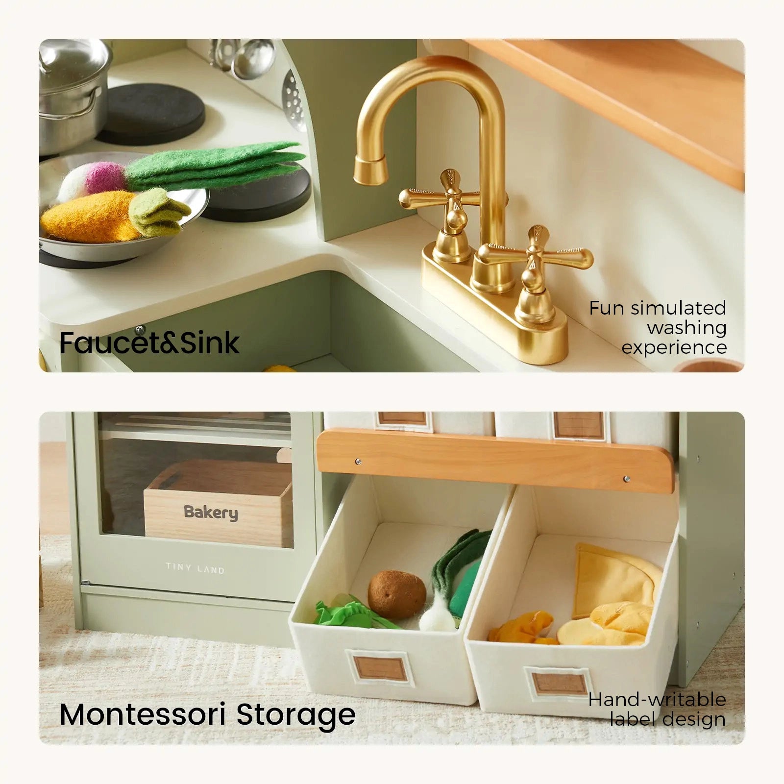 Top: Close-up of the Tiny Land® Wooden Play Kitchen with a gold toy faucet, sink, pretend cookware, and play food arranged in a realistic setup. Bottom: Two clearly labeled storage bins included with the Tiny Land® Wooden Play Kitchen—marked "Faucet&Sink" and "Montessori Storage"—showcasing their practical features for keeping your child's Tiny Land play kitchen organized.|sage
