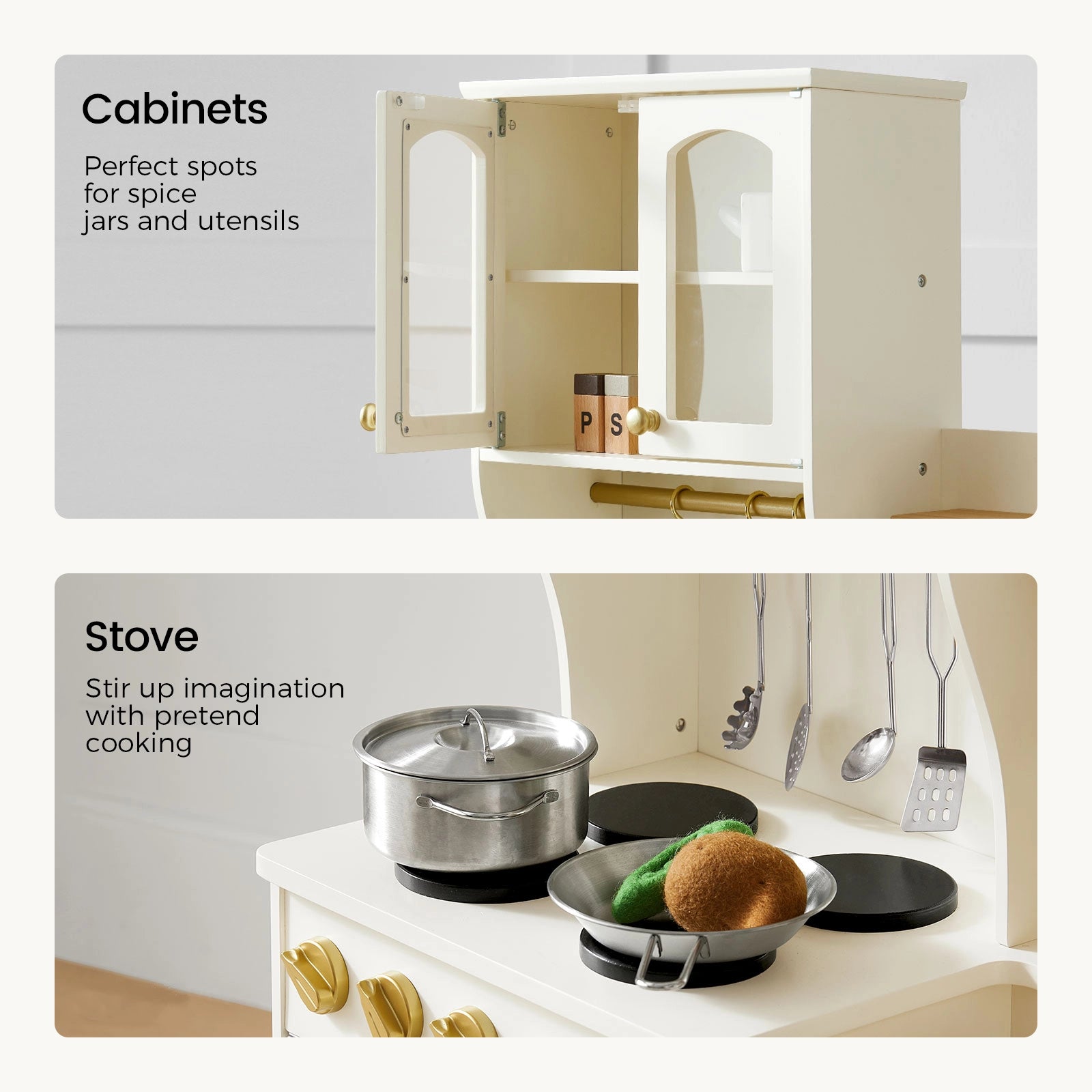 The Tiny Land® Wooden Play Kitchen with Storage for Creative Toddlers by Tiny Land features white cabinets for storing pretend spice jars and comes with a stove and toy cookware, such as pots, pans, and utensils, to inspire imaginative play and pretend cooking.|cream