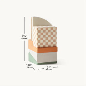The Tiny Land® PlayNest Climbing Blocks by Tiny Land INC feature a geometric chair with stacked beige, orange, and green blocks and a checkered beige-and-cream seat. Dimensions: 37.4" (95 cm) high, 19.7" (50 cm) deep, 15.7" (40 cm) wide.