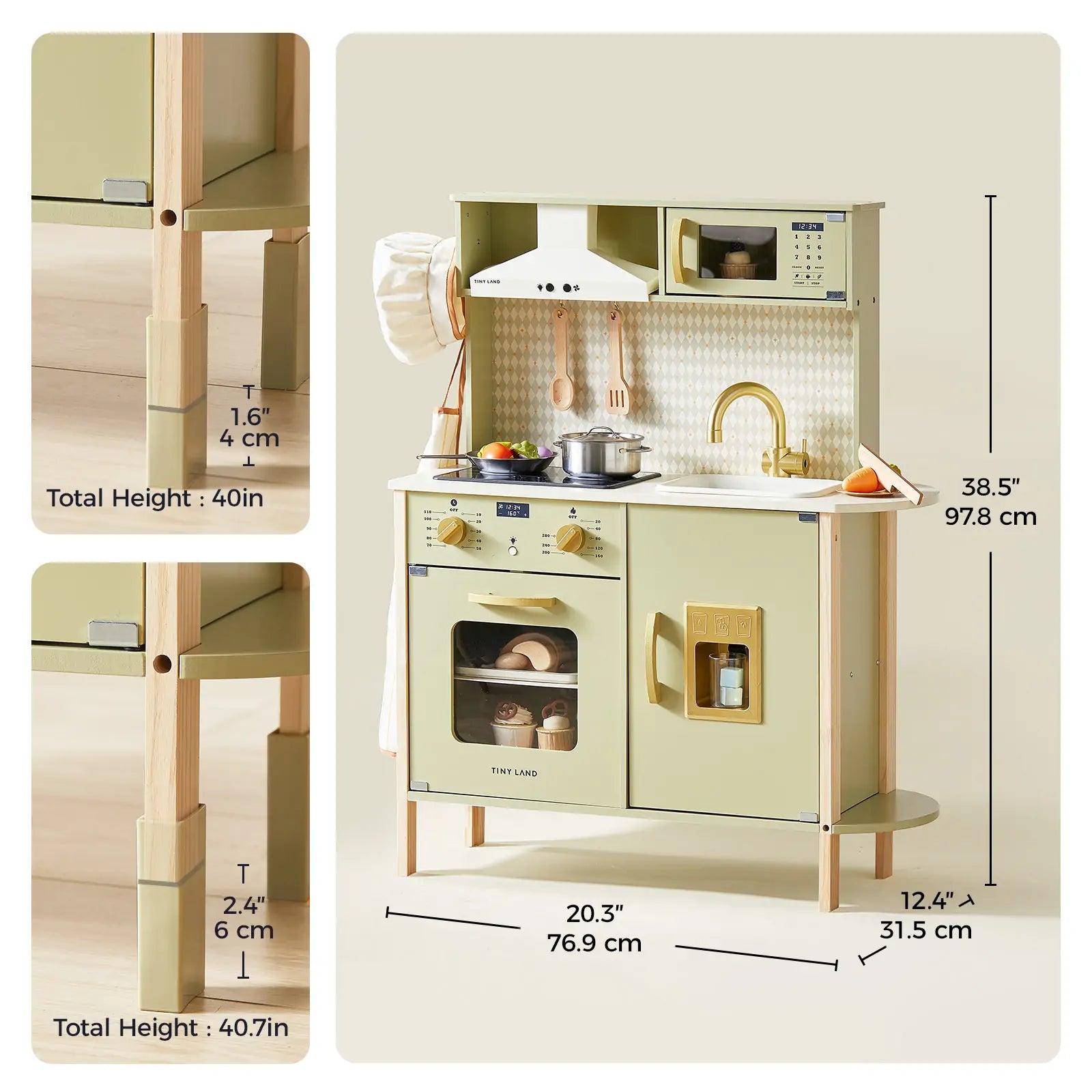 The Tiny Land® PopJoy Play Kitchen - Green is a green and beige wooden set with stove, oven, sink, and shelves. Inset images display adjustable leg heights of 40" and 40.7". Full dimensions in inches/cm are clearly labeled on the kitchen.