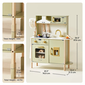 The Tiny Land® PopJoy Play Kitchen - Green is a green and beige wooden set with stove, oven, sink, and shelves. Inset images display adjustable leg heights of 40" and 40.7". Full dimensions in inches/cm are clearly labeled on the kitchen.