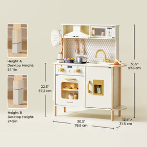 Tiny Land® PopJoy Play Kitchen by Tiny Land features an oven, stove, sink with faucet, microwave, shelves, utensils, and adjustable countertop heights (24.1" / 22.5"); full kitchen height is 38.5".