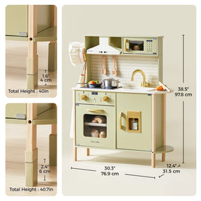 Introducing the Tiny Land® PopJoy Play Kitchen in Pink and Green by Tiny Land—a charming wooden playset perfect for imaginative pretend play and creative exploration. This children’s kitchen features an oven, sink, stove, and convenient shelves. Insets highlight its adjustable legs, allowing two total heights of 40 inches and 40.7 inches. Overall dimensions are clearly marked for easy reference.|Sage