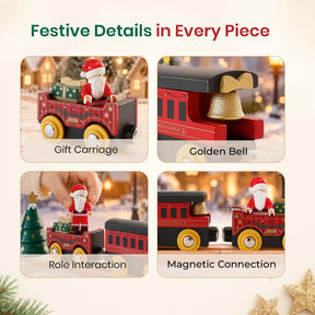 Four panels of the Tiny Land® Christmas Express Wooden Train Accessory Set: a Santa figure in a gift carriage, a car with a golden bell, a hand placing Santa near a tree, and two magnetic cars connected.