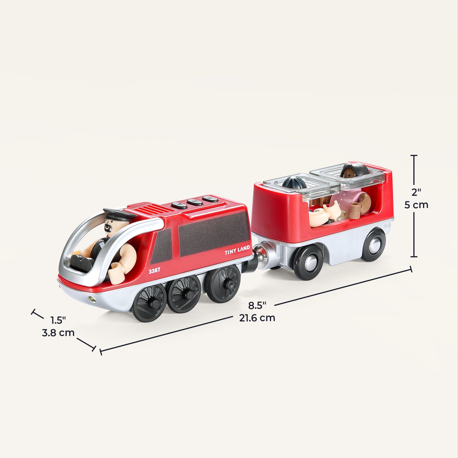The Tiny Land® Dual-Color Electric Toy Train by Tiny Land features two connected red and silver cars with wooden figurines inside. It measures 8.5" (21.6 cm) L x 1.5" (3.8 cm) W x 2" (5 cm) H, ideal for interactive play.|Red