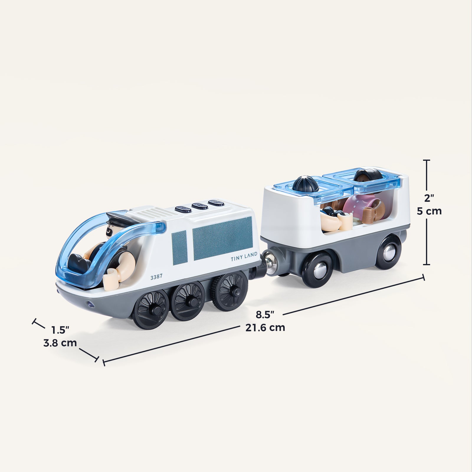 The Tiny Land® Dual-Color Electric Toy Train by Tiny Land features two connected cars with small figurines, a blue windshield and LED headlights on the front car, and a clear-topped back car. Dimensions: 8.5"x1.5"x2" (21.6x3.8x5 cm).|White