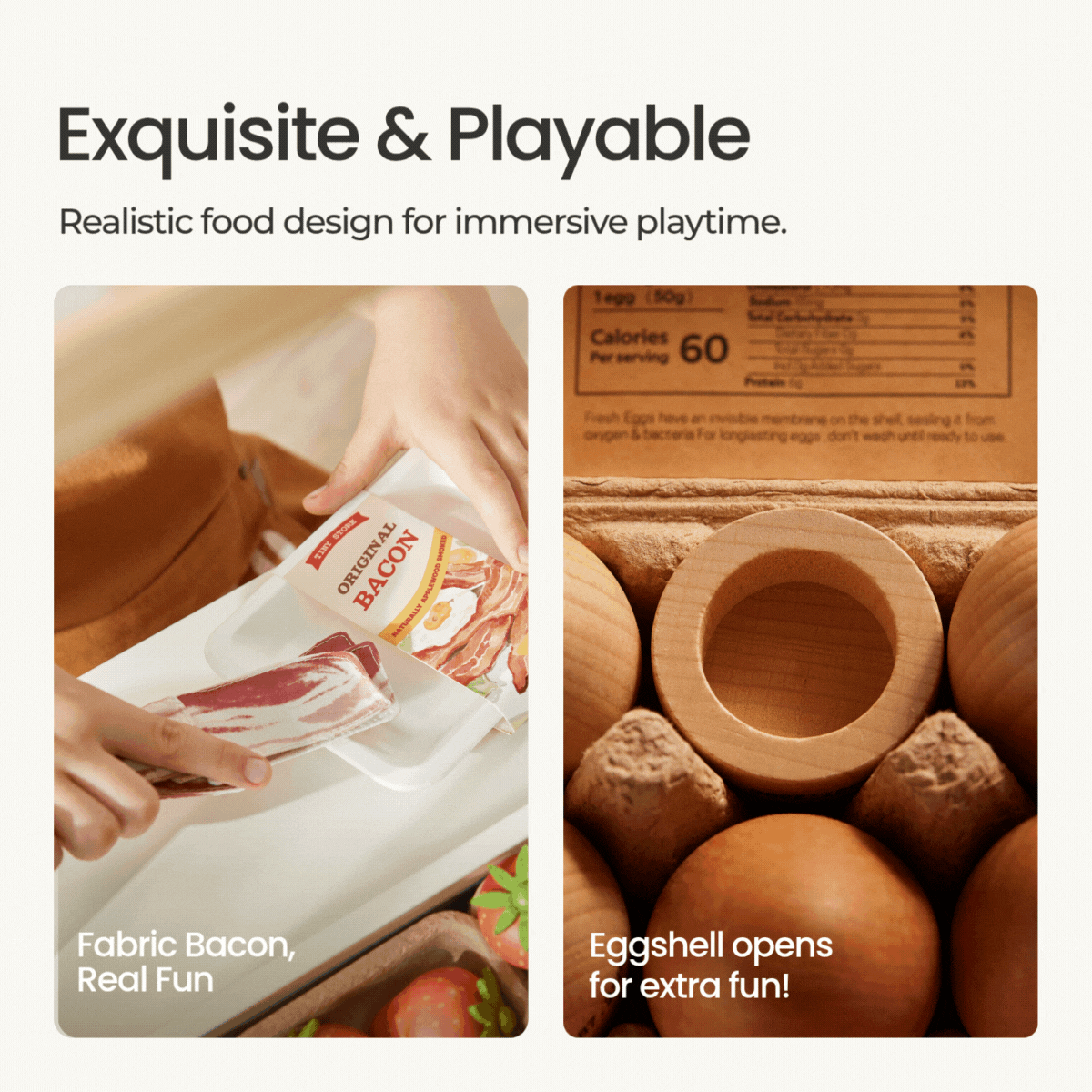 Image shows hands pulling fabric bacon from a Tiny Land® Organic Play Food Collection pack by Tiny Land INC, and a close-up of a toy egg carton with removable eggshells—both feature realistic, playful wooden designs.