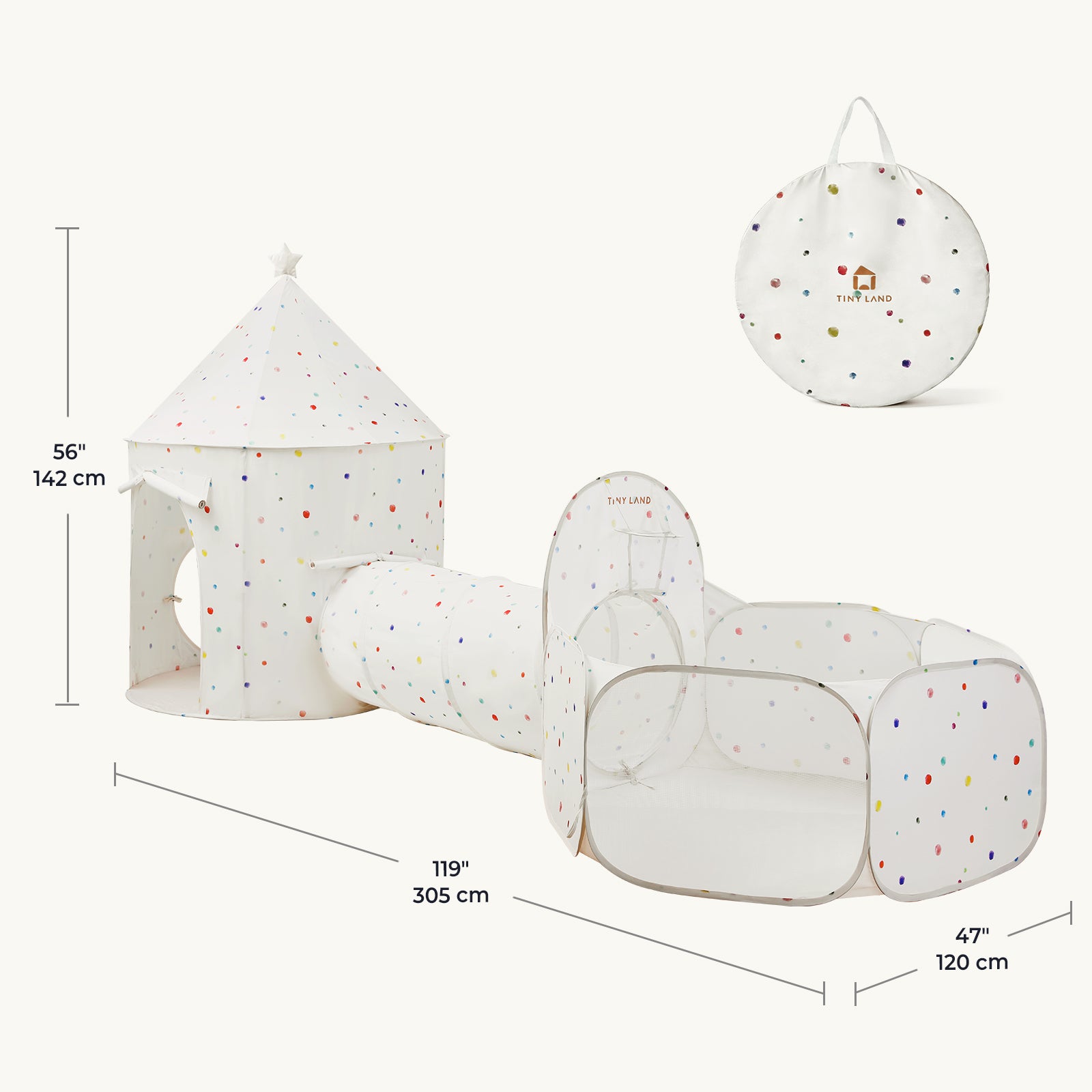 Tiny Land® Compact Adventure 3-in-1 Play Tunnel set featuring a cone-topped tent, a play tunnel, and a ball pit in white fabric with a multicolored dot pattern, displayed with labeled dimensions and a circular storage bag.|Colorful Dots
