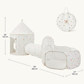 Tiny Land® Compact Adventure 3-in-1 Play Tunnel set featuring a cone-topped tent, a play tunnel, and a ball pit in white fabric with a multicolored dot pattern, displayed with labeled dimensions and a circular storage bag.|Colorful Dots