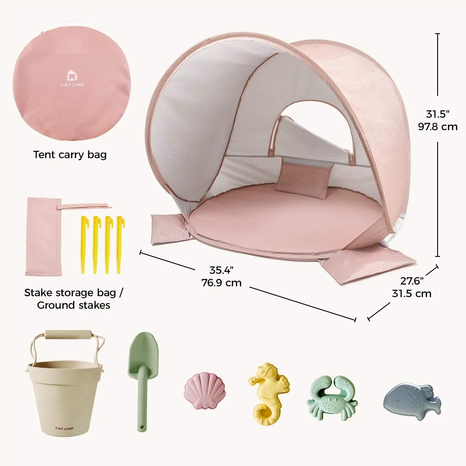 The Tiny Land® One-Stop Beach Toy & Tent Set – Blush Pink includes a UV-protective tent, carry bag, four yellow stakes with storage bag, beige bucket, green shovel, and five sea-themed sand molds—displayed with measurements.