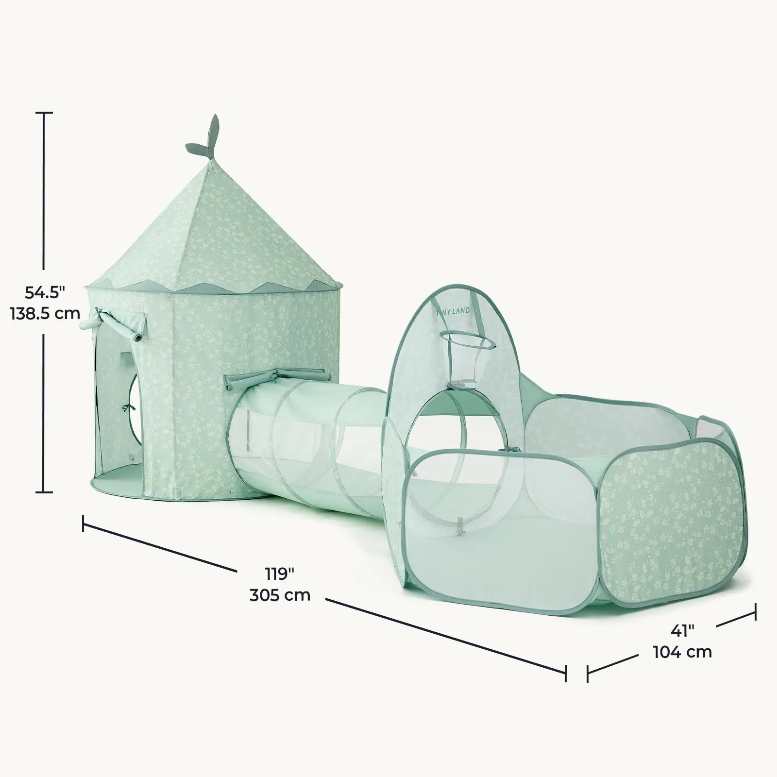 The Tiny Land® Green Adventure 3-in-1 Play Tunnel & Fun-Shapes Ocean Ball Set features a castle-shaped tent with floral patterns, tunnel, and playpen. Measures 54.5" H x 119" L x 41" W—perfect for sensory play!.