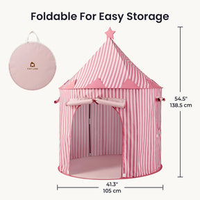Introducing the Tiny Land® Kids Tent – Indoor Tent for Toddlers by Tiny Land: a charming foldable pink and white striped kids’ tent with a star on top, complete with a round storage bag. Measuring 54.5″ (138.5 cm) tall and 41.3″ (105 cm) wide, this delightful playhouse is perfect for indoor fun and folds up easily for convenient storage. Text reads: Foldable For Easy Storage.|PInk
