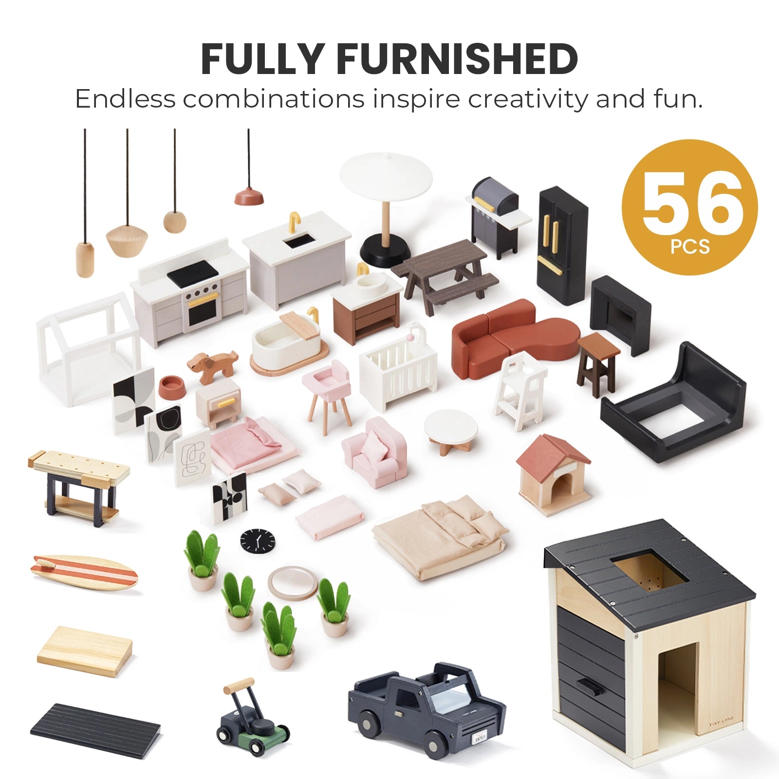 A 56-piece Tiny Land® Sweetwood Edge Dollhouse & Wooden Dollhouse Garage set, featuring a wooden dollhouse garage, a car, and various household items.