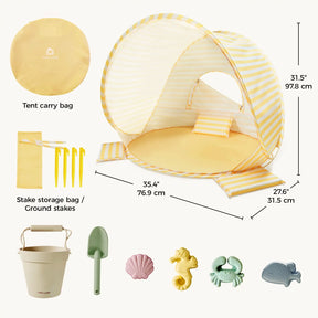 The Tiny Land® One-Stop Beach Toy & Tent Set – Pastel Yellow Stripes is a UV-protective kids’ tent with a carry bag, ground stakes, storage bag, beige bucket, green shovel, and pastel sea creature sand play set by Tiny Land.