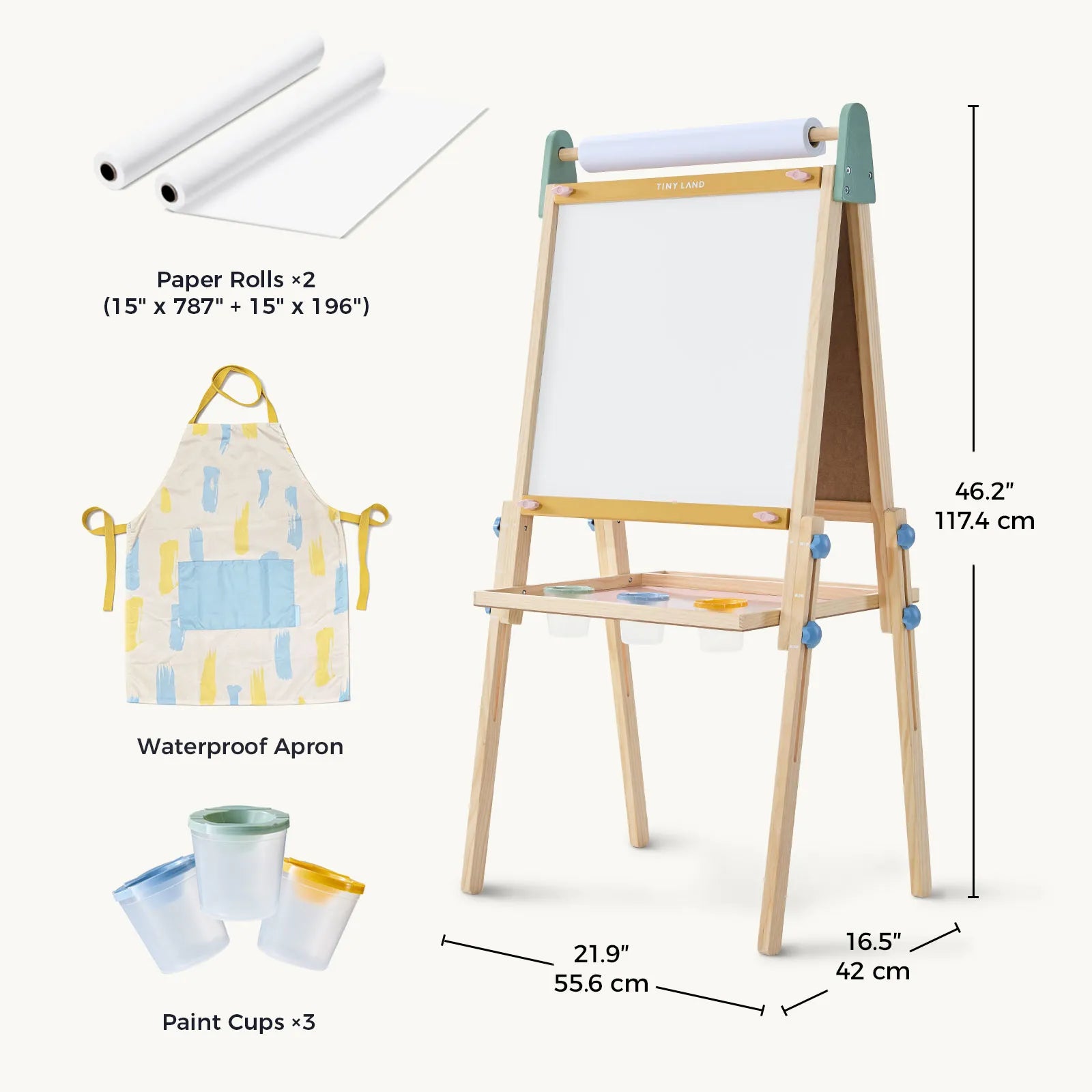 The Tiny Land® 3-in-1 Art Easel for Kids by Tiny Land features an adjustable-height wooden easel design, complete with paper rolls, a waterproof apron, and three paint cups. It also includes a handy magnetic whiteboard to inspire creativity. Dimensions are 46.2″ (117.4 cm) tall, 21.9″ (55.6 cm) wide, and 16.5″ (42 cm) deep. Accessories are displayed beside the easel for added convenience.|green