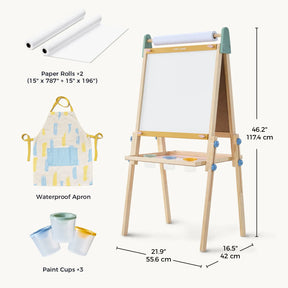 The Tiny Land® 3-in-1 Art Easel for Kids by Tiny Land features an adjustable-height wooden easel design, complete with paper rolls, a waterproof apron, and three paint cups. It also includes a handy magnetic whiteboard to inspire creativity. Dimensions are 46.2″ (117.4 cm) tall, 21.9″ (55.6 cm) wide, and 16.5″ (42 cm) deep. Accessories are displayed beside the easel for added convenience.|green