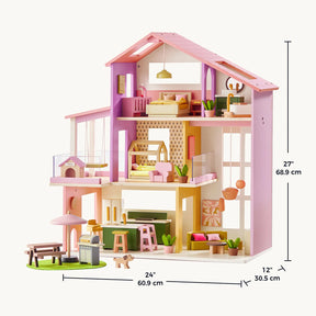 The Tiny Land® Sweetwood Cottage Dollhouse features a pink roof, purple and yellow walls, furnished rooms, a table, chairs, dog house, and measures 27” tall, 24” wide, and 12” deep.|Pink