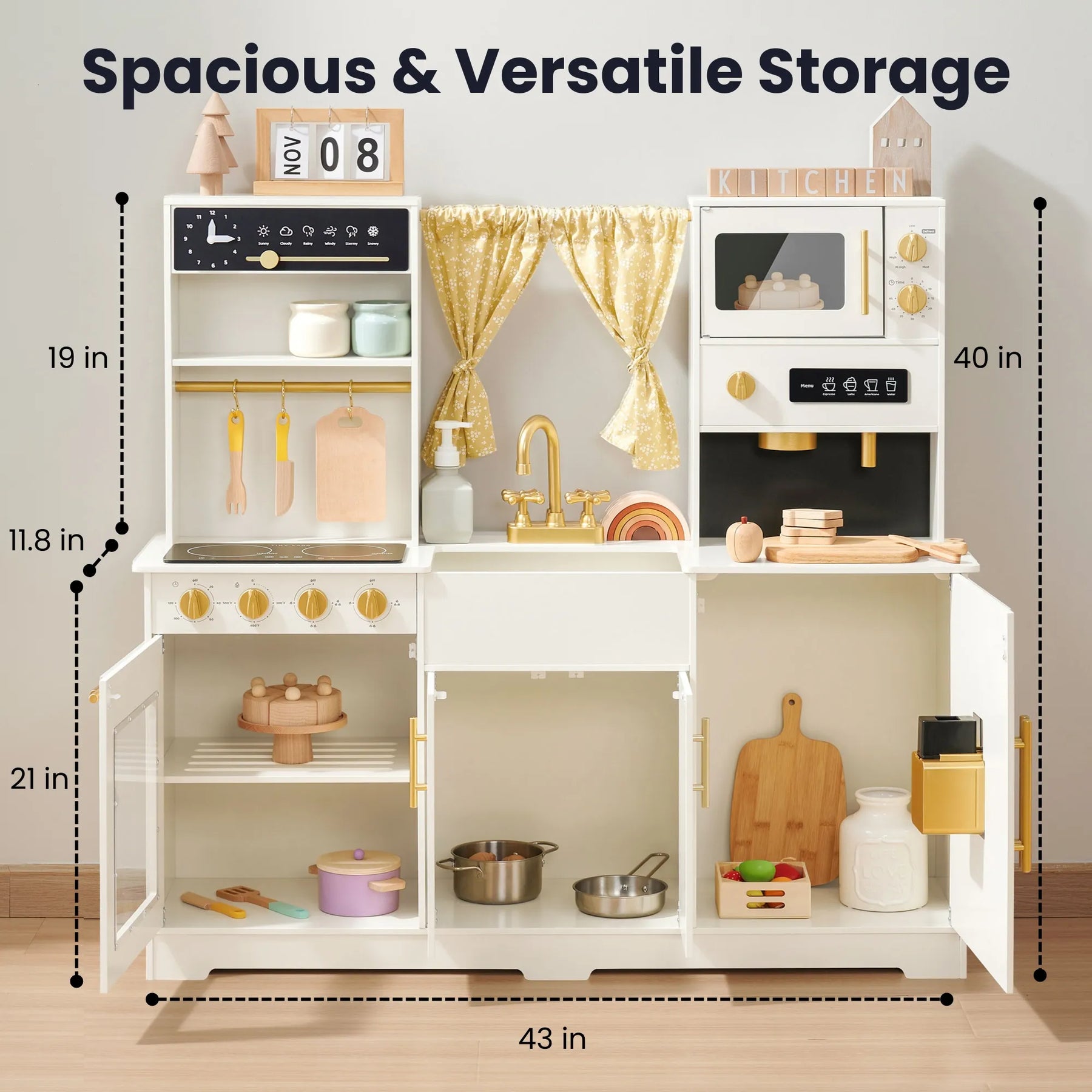 Tiny Land® Iconic Wooden Play Kitchen – Cream Pretend Cooking Set for Kids by Tiny Land features cabinets, an oven, sink, stove, and fun play accessories. With overall dimensions of 43″W x 40″H, this children’s wooden kitchen offers spacious and versatile storage—perfect for organizing all your child’s essentials. Measurements are clearly marked in the provided image.