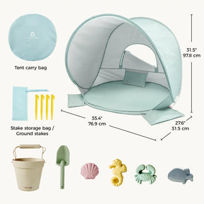 The Tiny Land® One-Stop Beach Toy & Tent Set – Sea Blue features a kids’ beach tent with UV protection, carrying bag, stakes, floor mat, plus a matching sand play set—bucket, shovel, and five molds. Dimensions in inches/cm.