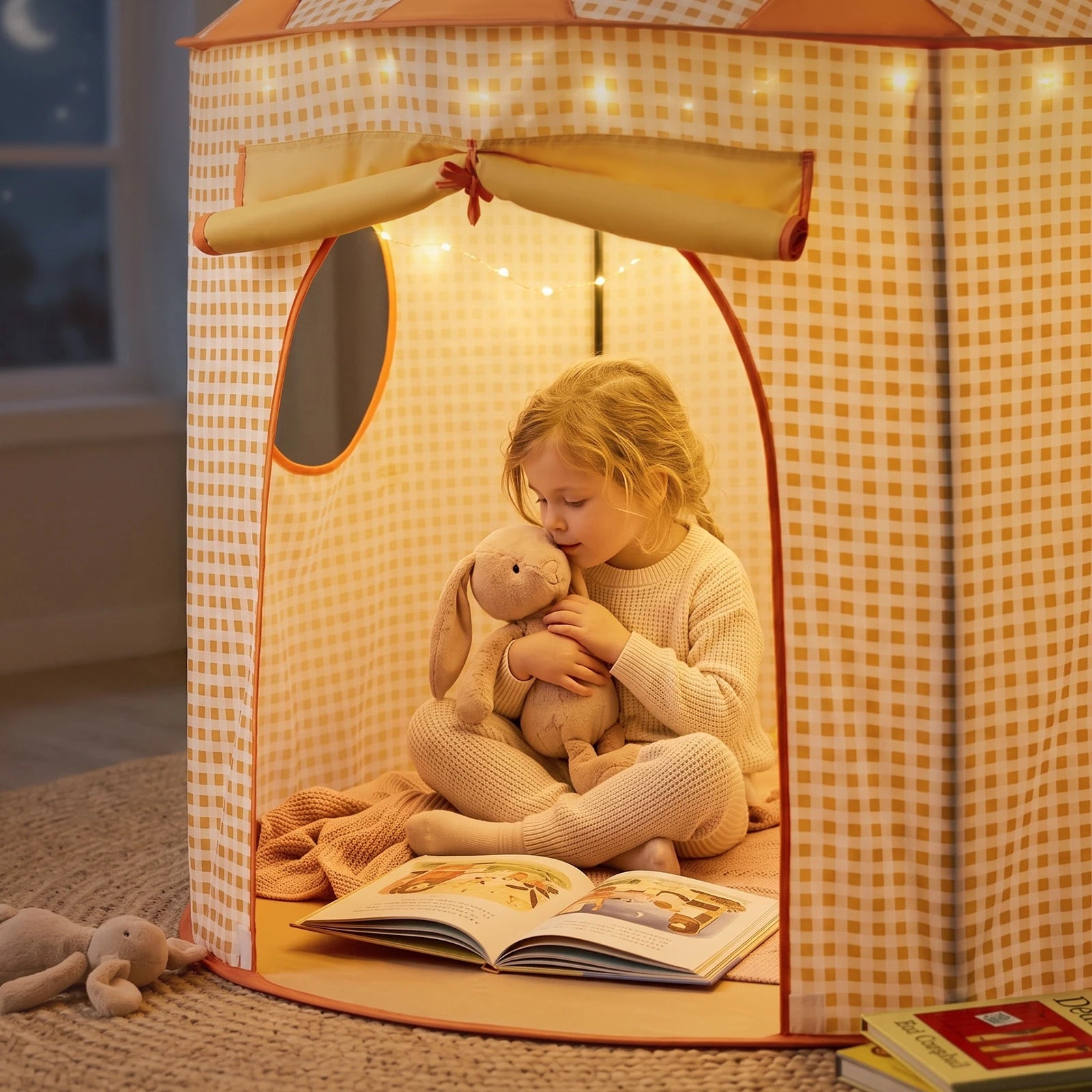 A child sits inside a gingham-patterned Tiny Land® Kids Tent – Indoor Tent for Toddlers, hugging a stuffed rabbit while reading an open book in their cozy reading nook.|Yellow