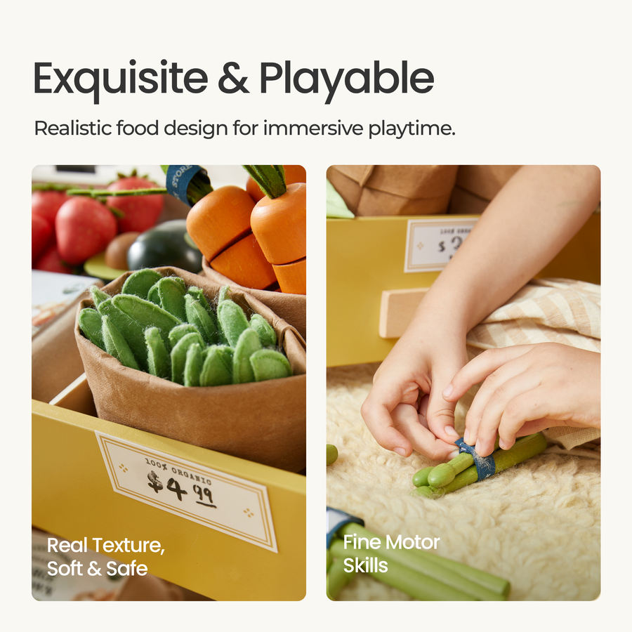 Two images show realistic play food for toddlers. The left shows a grocery box with plush veggies labeled $4.99; the right, a child tying toy asparagus—skills enhanced by the Tiny Land® Organic Play Food Collection from Tiny Land Play Food. Texture and safety are emphasized.
