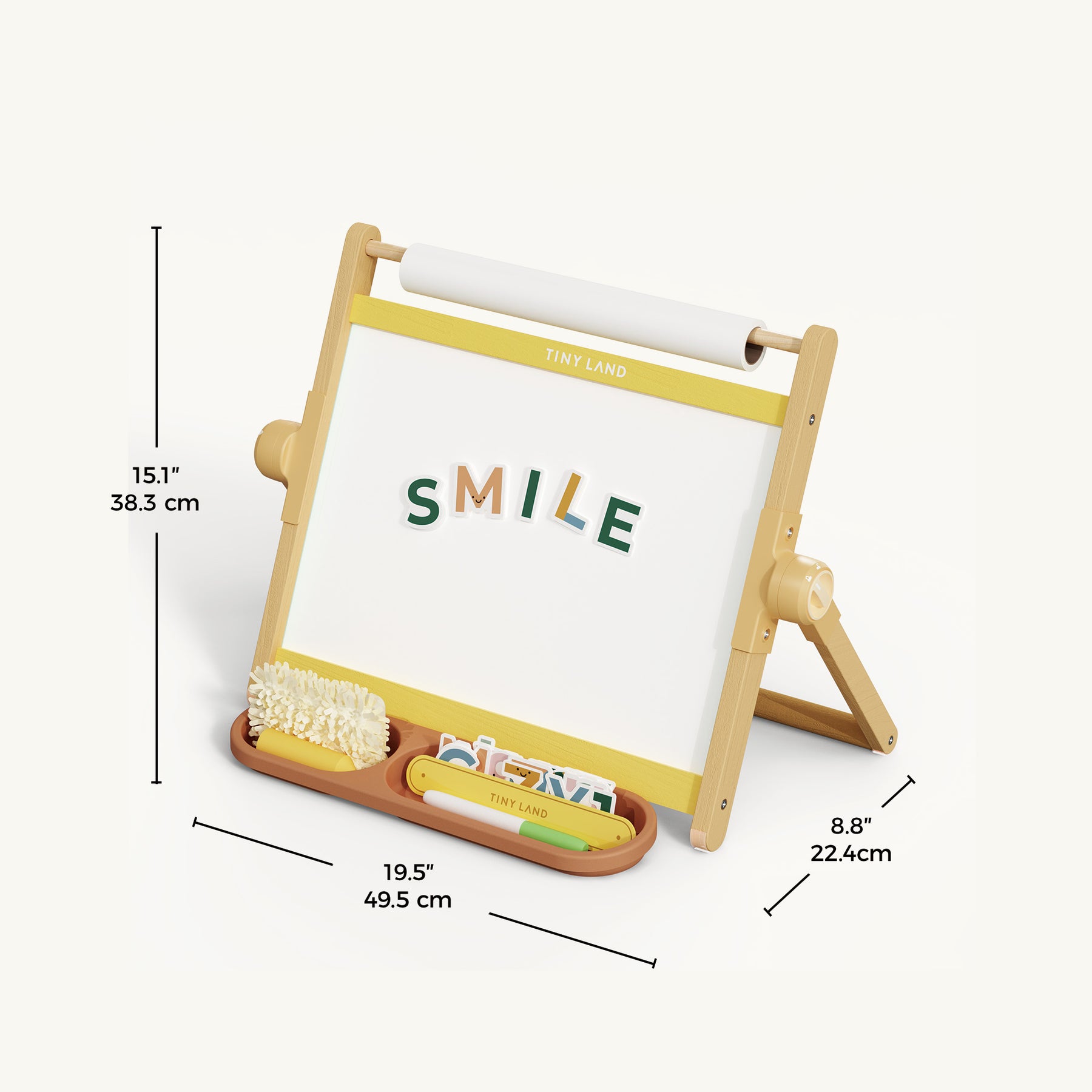 The Tiny Land® Double-Sided Magnetic Tabletop Easel - Yellow by Tiny Land has a magnetic whiteboard side, two trays for supplies, and measures 15.1 x 19.5 x 8.8 in (38.3 x 49.5 x 22.4 cm).
