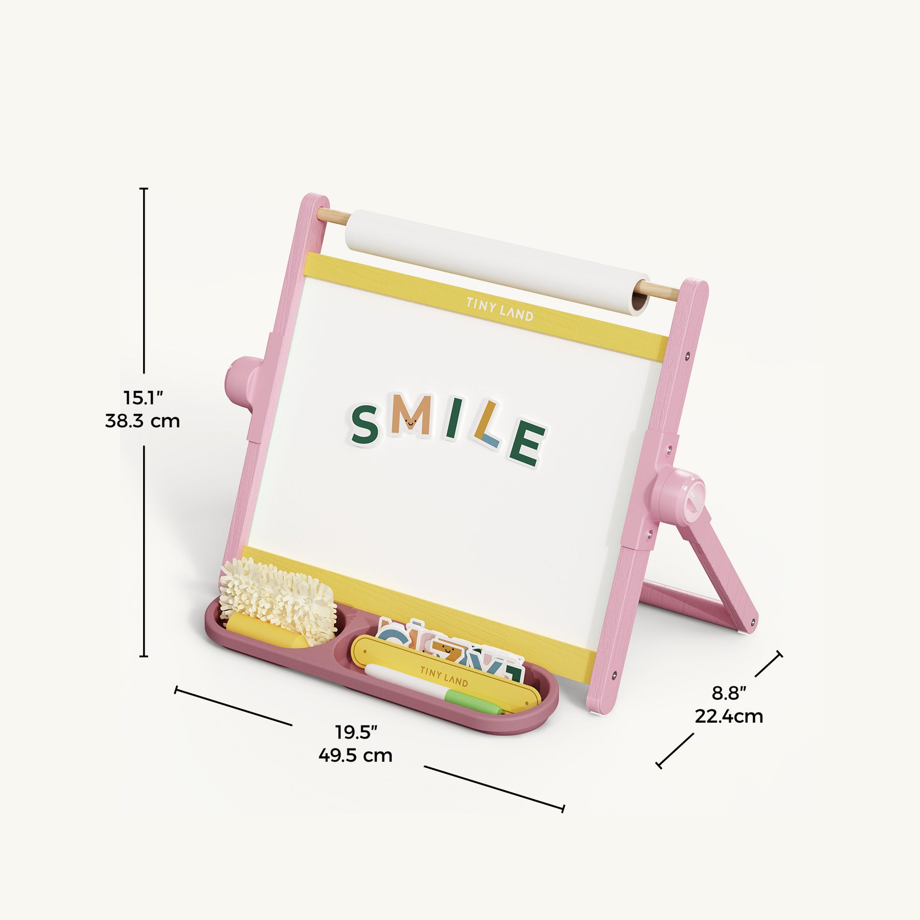 The Tiny Land® Double-Sided Magnetic Tabletop Easel in yellow features a magnetic board, paper roll, trays for art supplies, and compact 15.1 x 19.5 x 8.8-inch size—perfect for creative kids' playtime!.