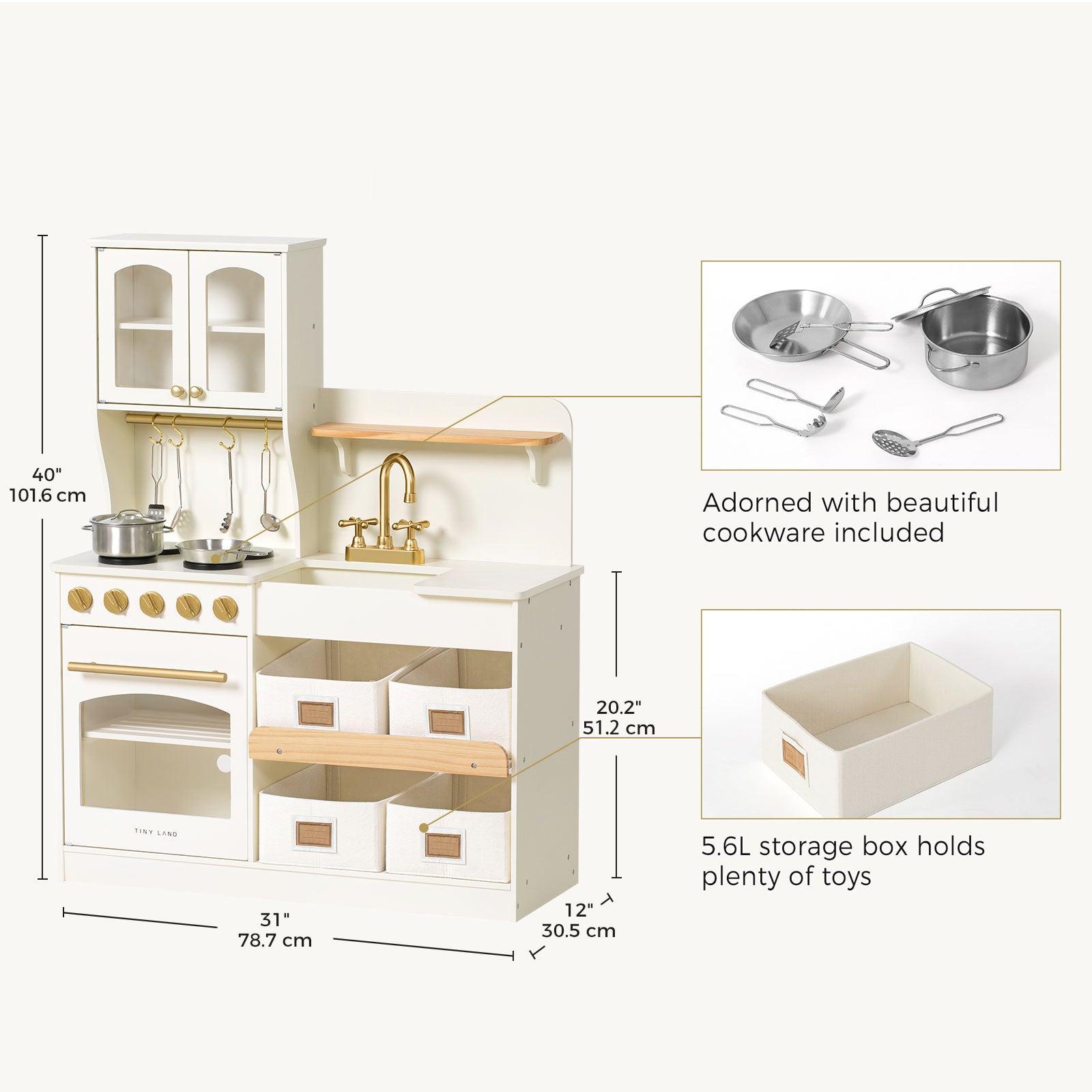 The Tiny Land® Wooden Play Kitchen with Storage for Creative Toddlers by Tiny Land features a white cottage-core design with gold accents, upper cabinets, hooks and labeled cookware, sink, stove, oven, lower shelves with multifunctional storage bins. Dimensions in inches/cm.|cream