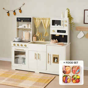 The Tiny Land® Iconic Wooden Play Kitchen Bundle Set by Tiny Land features a white kitchen with gold accents, including a stove, sink, microwave, and shelves. Includes a play food set with toy fruits, vegetables, and utensils for endless pretend play.
