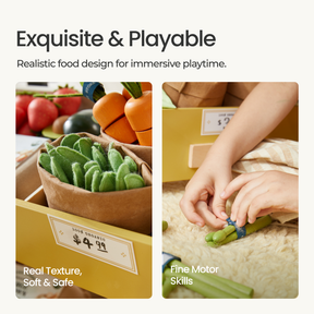 Two images display the Tiny Land® Organic Play Food Collection by Tiny Land Play Food: one scene features soft, realistic green beans in a wooden crate, while another shows a child tying blue string around toy asparagus. Perfect as pretend kitchen toys, these sets inspire healthy eating habits and imaginative play with organic play food. On-screen text reads: Exquisite & Playable. Real Texture, Soft & Safe. Fine Motor Skills.