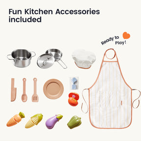The Tiny Land® PopJoy Play Kitchen by Tiny Land, available in Pink or Green, is a delightful children’s play set featuring a playful kitchen theme—with an apron, chef’s hat, cookware, utensils, plate, toy vegetables, and blocks—all attractively arranged on a white background alongside the “Fun Kitchen Accessories Included” text—ideal for hours of imaginative pretend play.|Sage