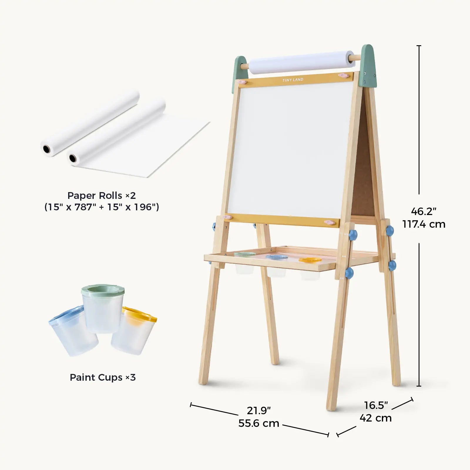 The Tiny Land® 3-in-1 Art Easel for Kids - Morandi features a whiteboard, three paint cups, two paper rolls, and measures 46.2” H x 21.9” W x 16.5” D—perfect for inspiring creativity in young artists.